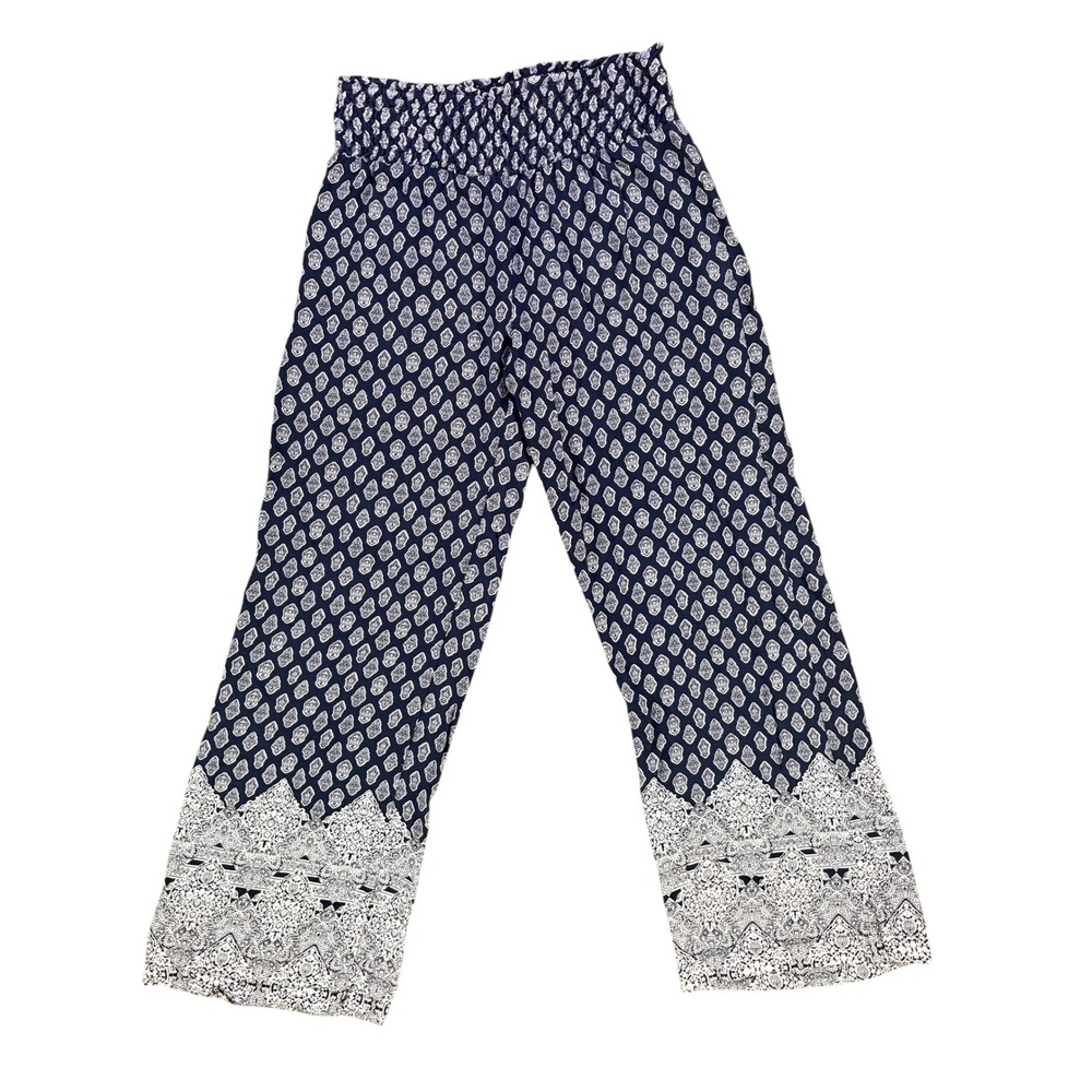 Navy Ivory Border Print Palazzo Pants Smocked Waist S/M